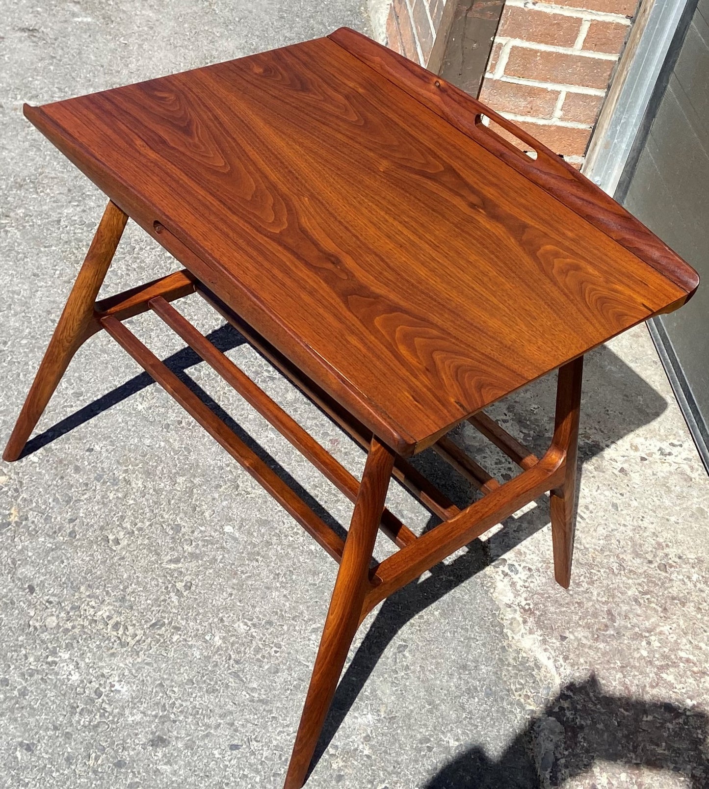 2 REFINISHED Mid Century Modern Walnut tray- style end tables, Perfect