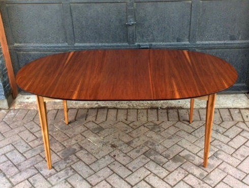 REFINISHED MCM Walnut Table Oval w 2 Leaves 54"-84" - Mid Century Modern Toronto