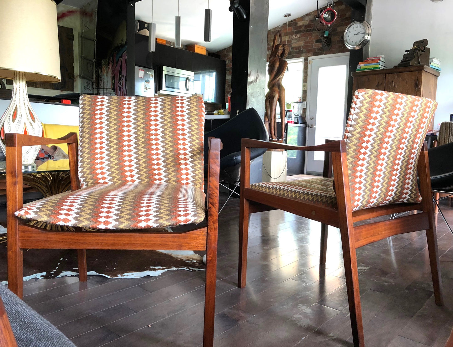 A Pair of REFINISHED REUPHOLSTERED MCM Walnut Armchairs by Walter Nugent, each $499 - Mid Century Modern Toronto