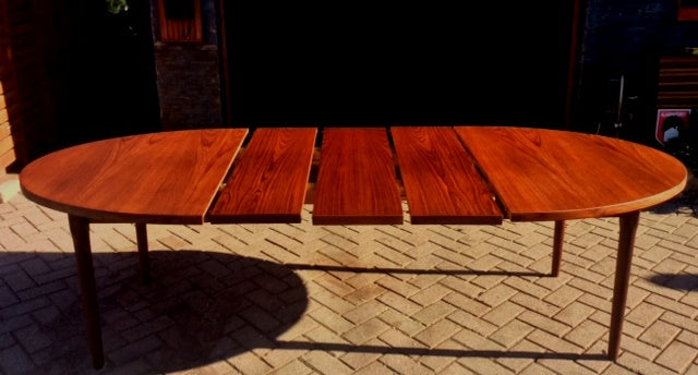 REFINISHED MCM Oval Teak Table w 3 Leaves by Punch Designs 64"-100" - Mid Century Modern Toronto
