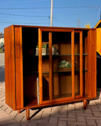 MCM Walnut Bookcase Display with sliding glass doors L 48"x H 44" - Mid Century Modern Toronto