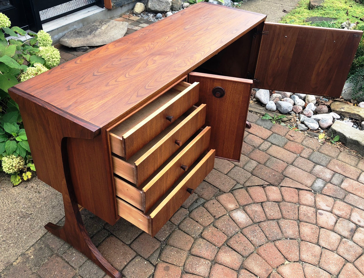 REFINISHED MCM Walnut & Rosewood Credenza "floating" on 2 legs 56" - Mid Century Modern Toronto