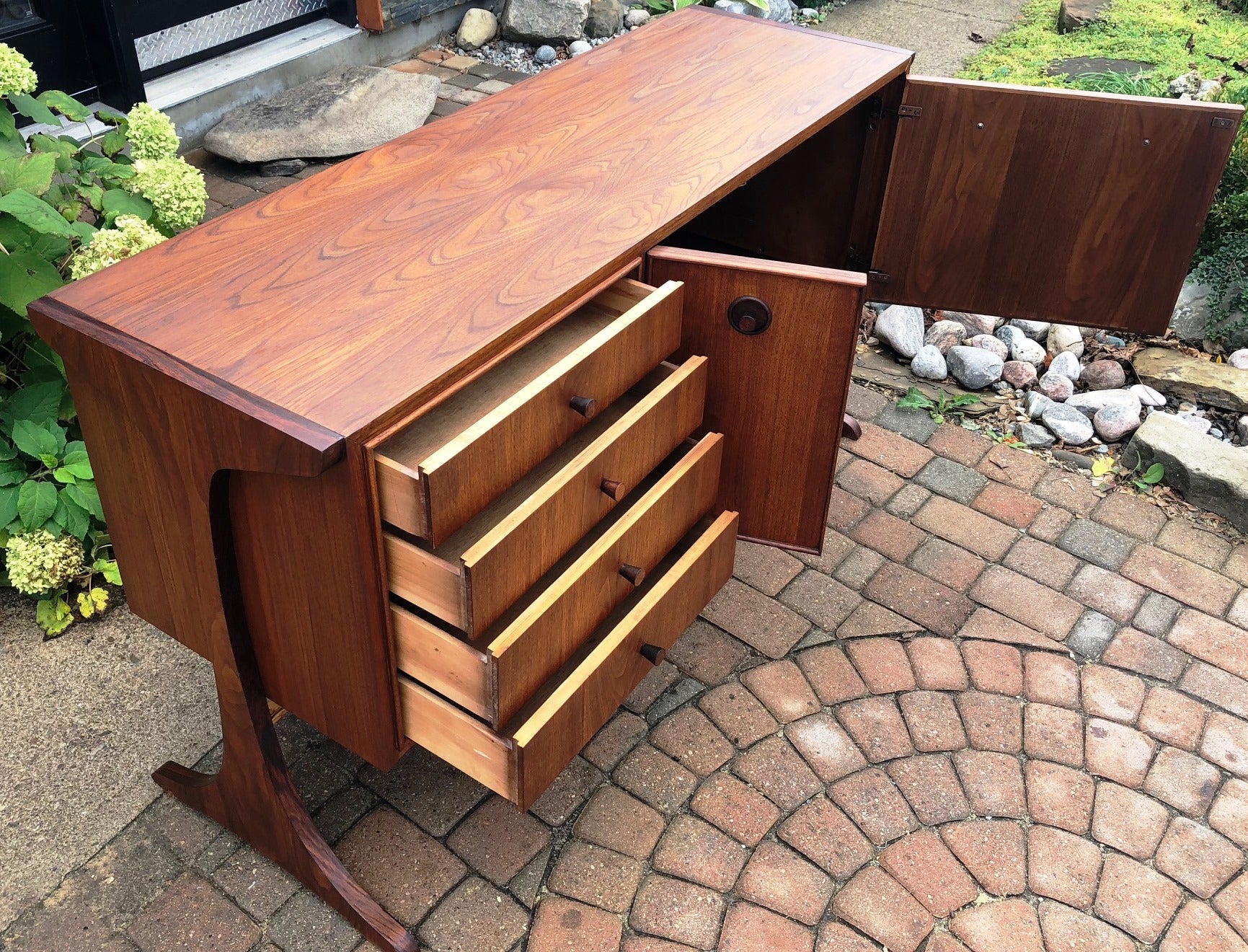 REFINISHED MCM Walnut & Rosewood Credenza "floating" on 2 legs 56" - Mid Century Modern Toronto