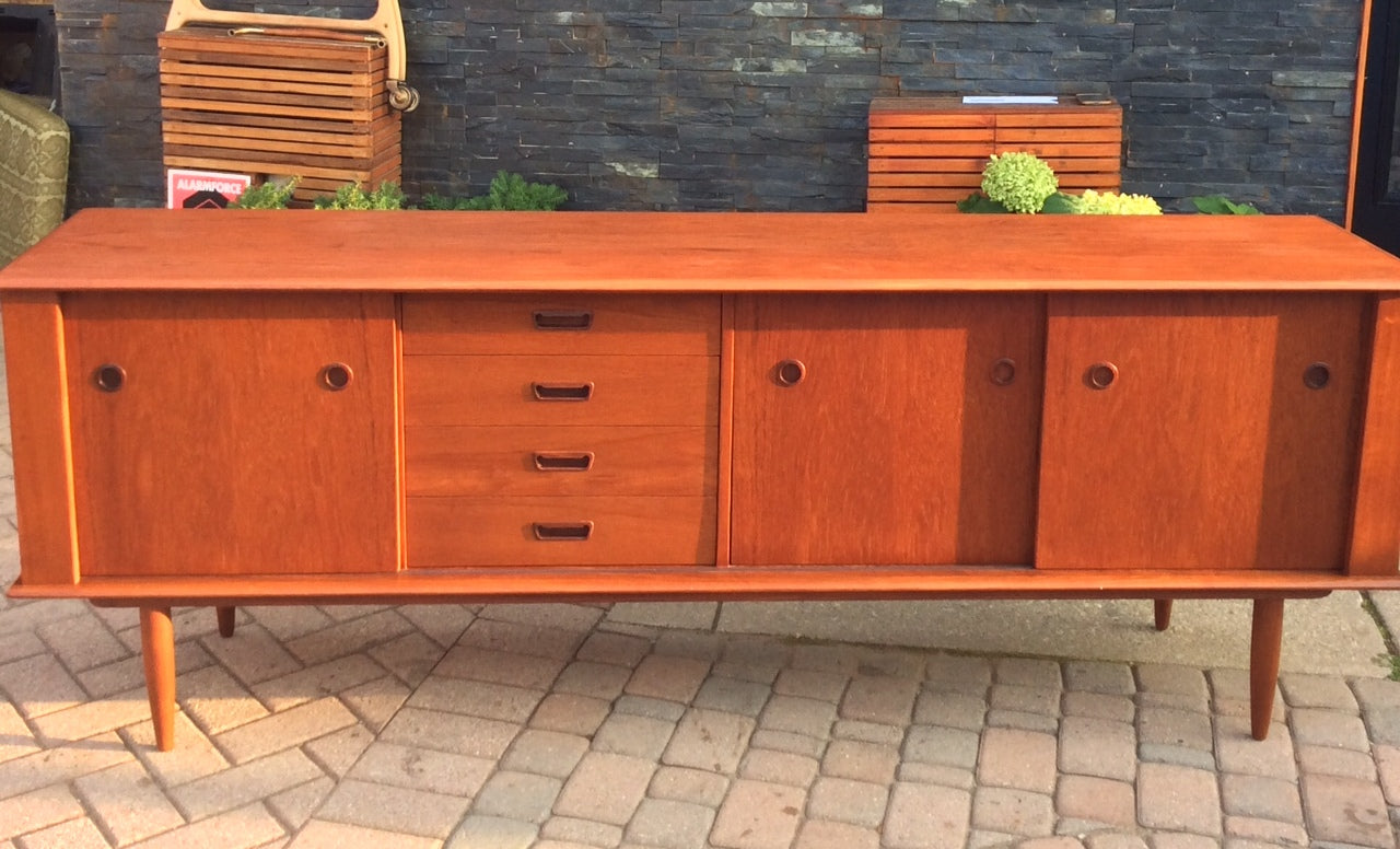 REFINISHED Danish Mid Century Modern Teak Sideboard Buffet TV Media Record Console 7 ft - Mid Century Modern Toronto