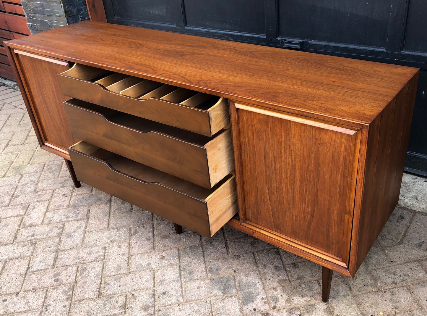 REFINISHED MCM Walnut Credenza w sliding doors 68" - Mid Century Modern Toronto