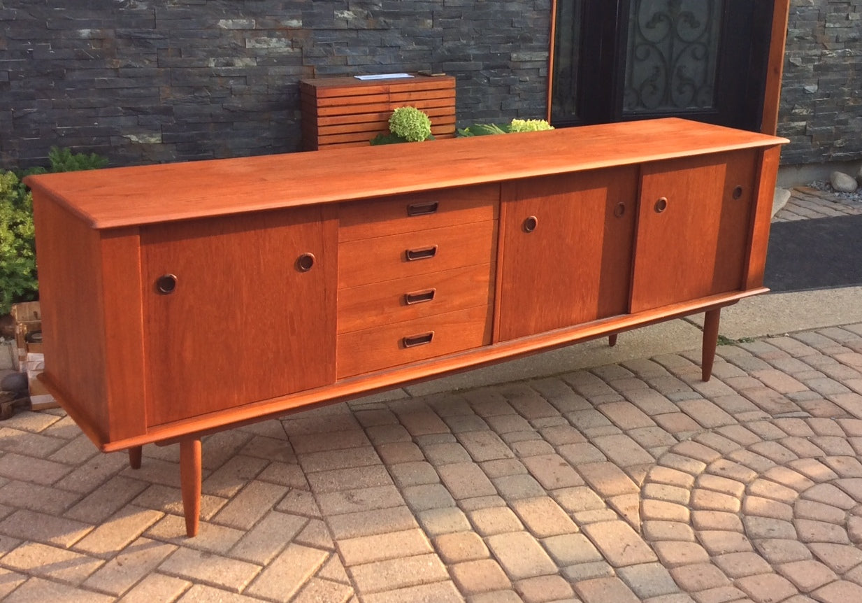 REFINISHED Danish Mid Century Modern Teak Sideboard Buffet TV Media Record Console 7 ft - Mid Century Modern Toronto