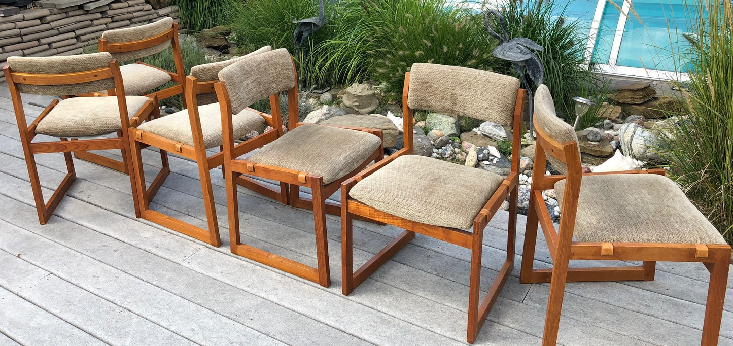 6 Danish MCM Teak Sleigh base chairs, straight lines & finger joints, each $50 - Mid Century Modern Toronto
