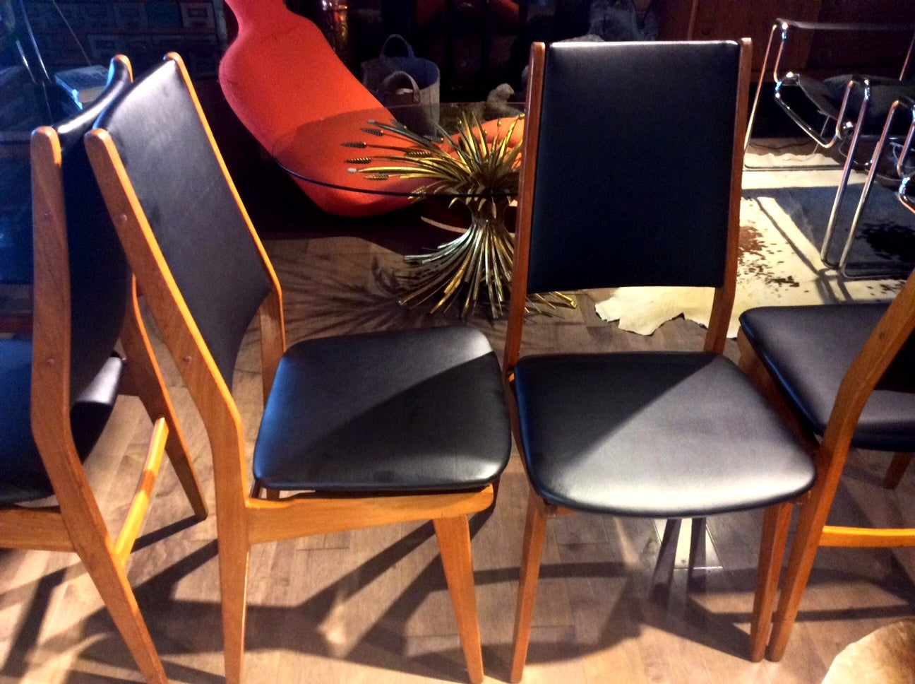 4 Danish MCM Teak Chairs REUPHOLSTERED with floating seats $125 each - Mid Century Modern Toronto