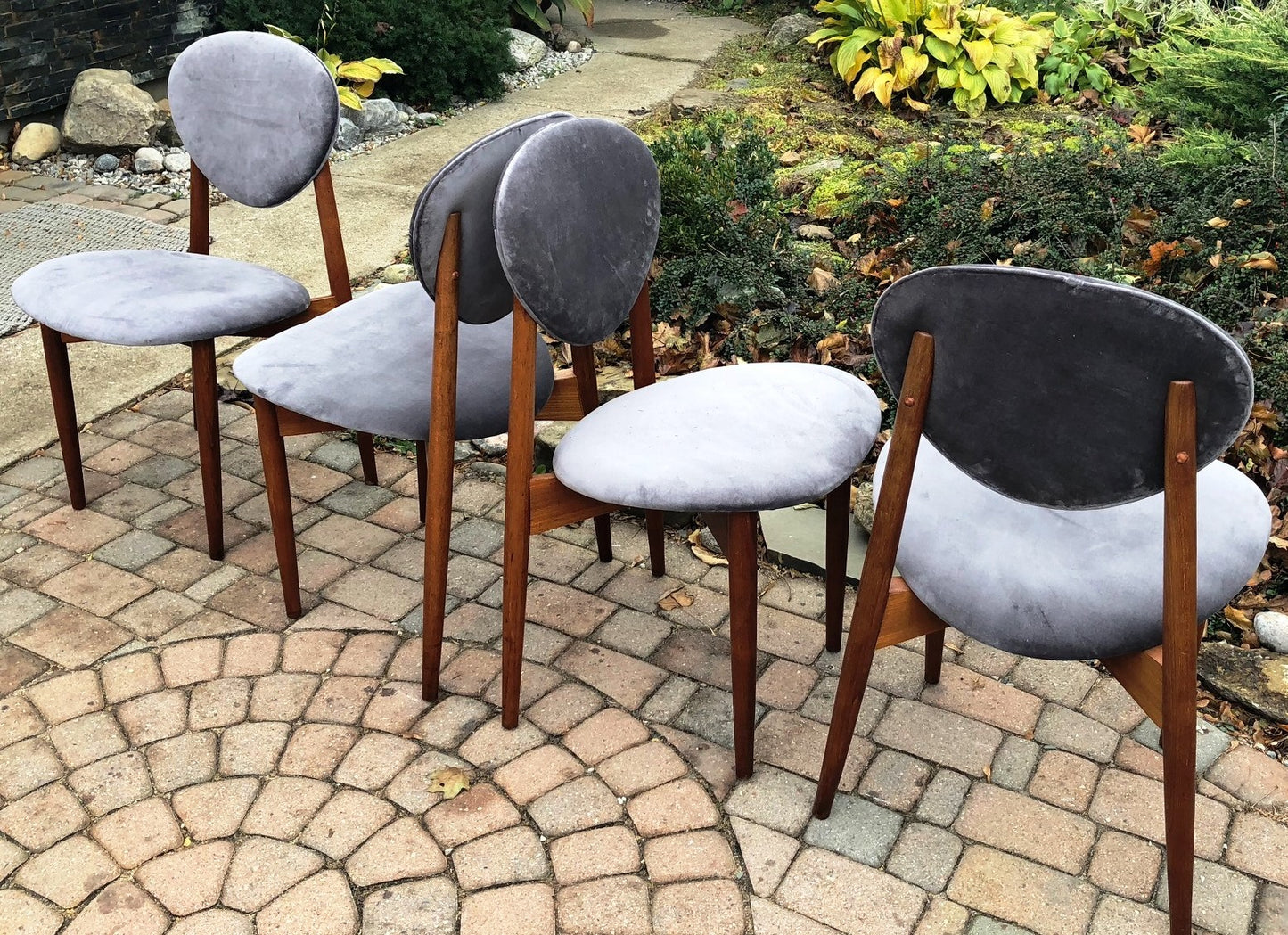 4 REUPHOLSTERED MCM Teak Chairs, grey velvet, each $ 185 only - Mid Century Modern Toronto
