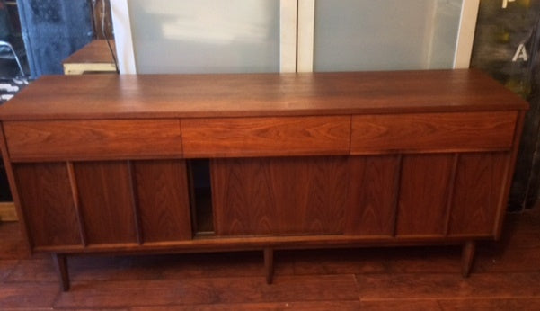 REFINISHED MCM Walnut Sideboard w Sliding Doors 74" - Mid Century Modern Toronto