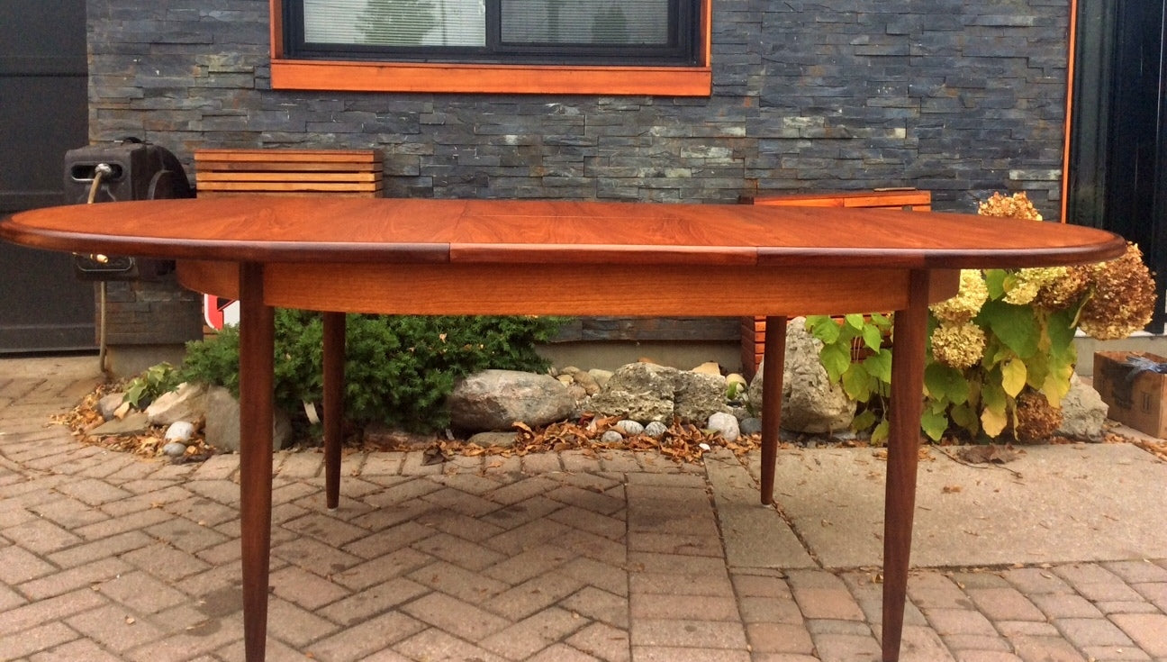 REFINISHED Mid Century Modern Oval Teak Dining Table Extendable Self Storing with butterfly leaf by GPlan - Mid Century Modern Toronto