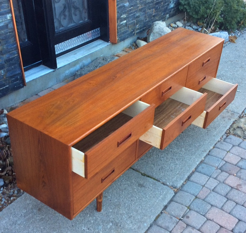 REFINISHED Mid Century Modern Teak Dresser 9 Drawers - Mid Century Modern Toronto