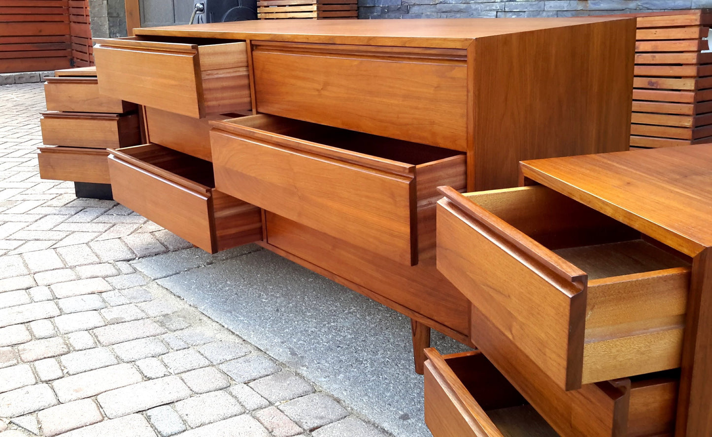 REFINISHED Mid Century Modern Teak Dresser 6 Drawers and 2 Night Stands - Mid Century Modern Toronto
