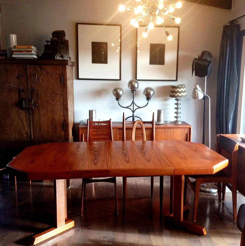 REFINISHED Mid Century Modern Teak Dining Table Octagonal with 3 Leaves - Mid Century Modern Toronto
