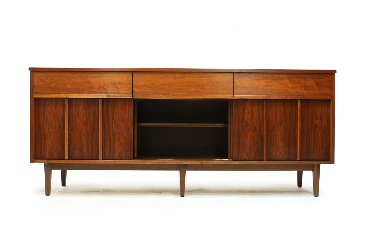 REFINISHED MCM Walnut Sideboard w Sliding Doors 74" - Mid Century Modern Toronto