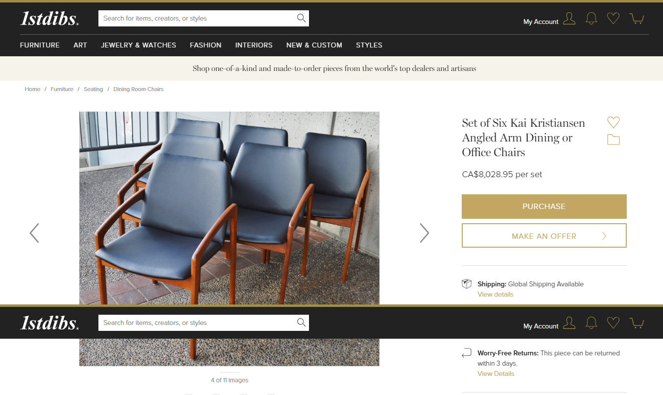 Teak MCM REUPHOLSTERED Angled Arm Chair by Kai Kristiansen, grey; 6 chairs available - Mid Century Modern Toronto