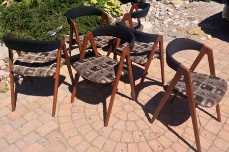 6 RESTORED MCM Kai Kristiansen “A -Frame” Teak Dining Chairs, each $375 on sale - Mid Century Modern Toronto