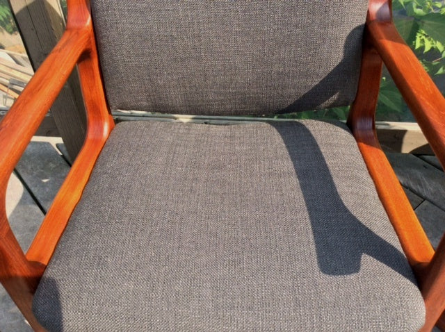 6 MCM Teak Chairs (2 arm, 4 side) Sleigh Base, REUPHOLSTERED, grey $199 each on Super Sale - Mid Century Modern Toronto