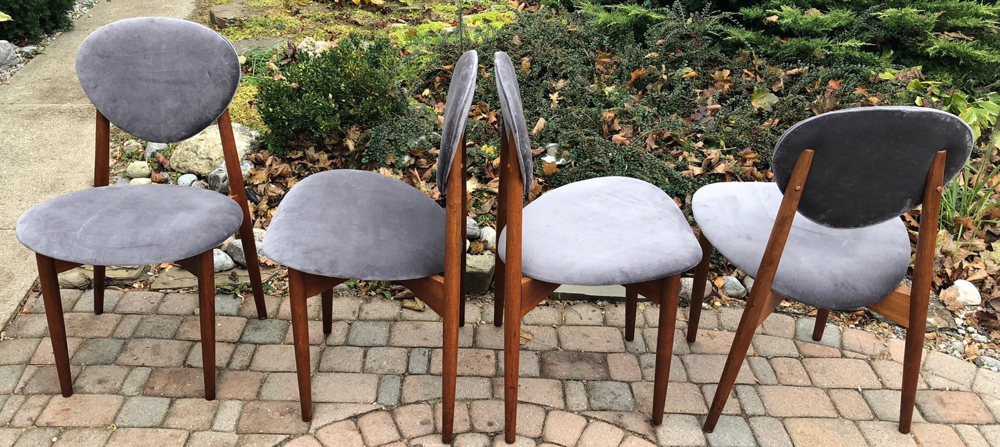 4 REUPHOLSTERED MCM Teak Chairs, grey velvet, each $ 185 only - Mid Century Modern Toronto