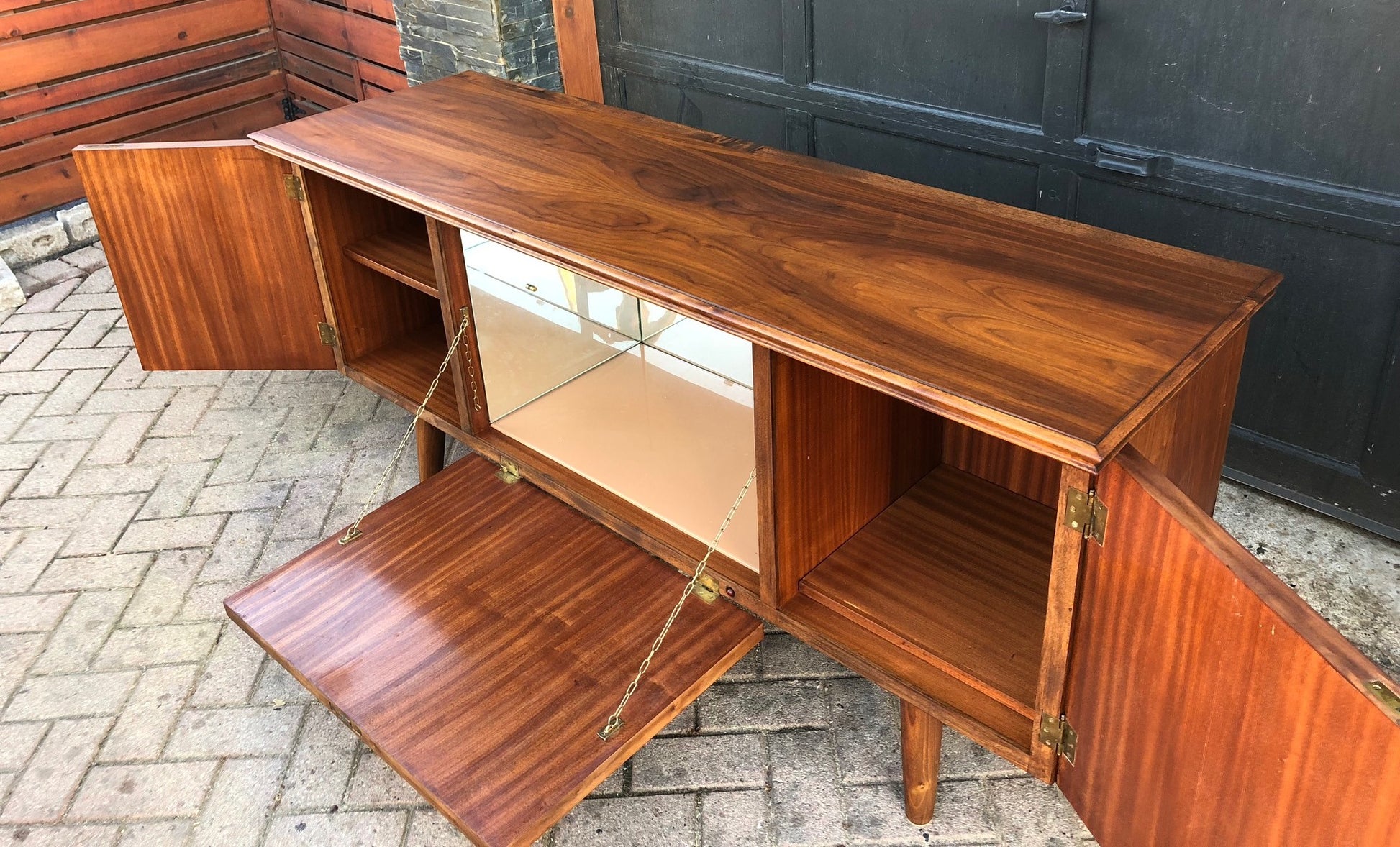 REFINISHED Italian MCM Teak & Walnut Bar Credenza 65.5" - Mid Century Modern Toronto