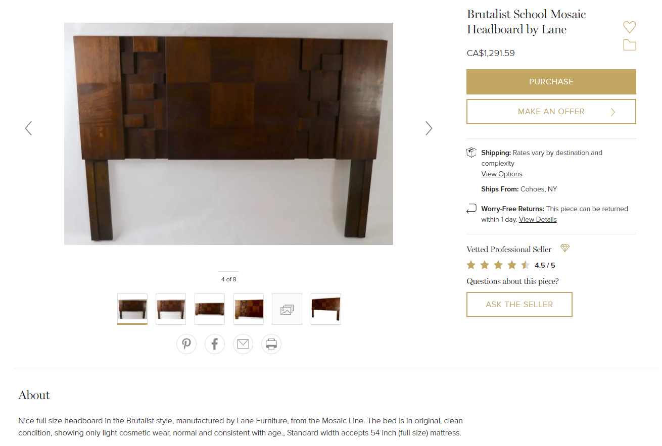 REFINISHED MCM Brutalist Mosaic Headboard by Lane for double or queen bed, PERFECT - Mid Century Modern Toronto