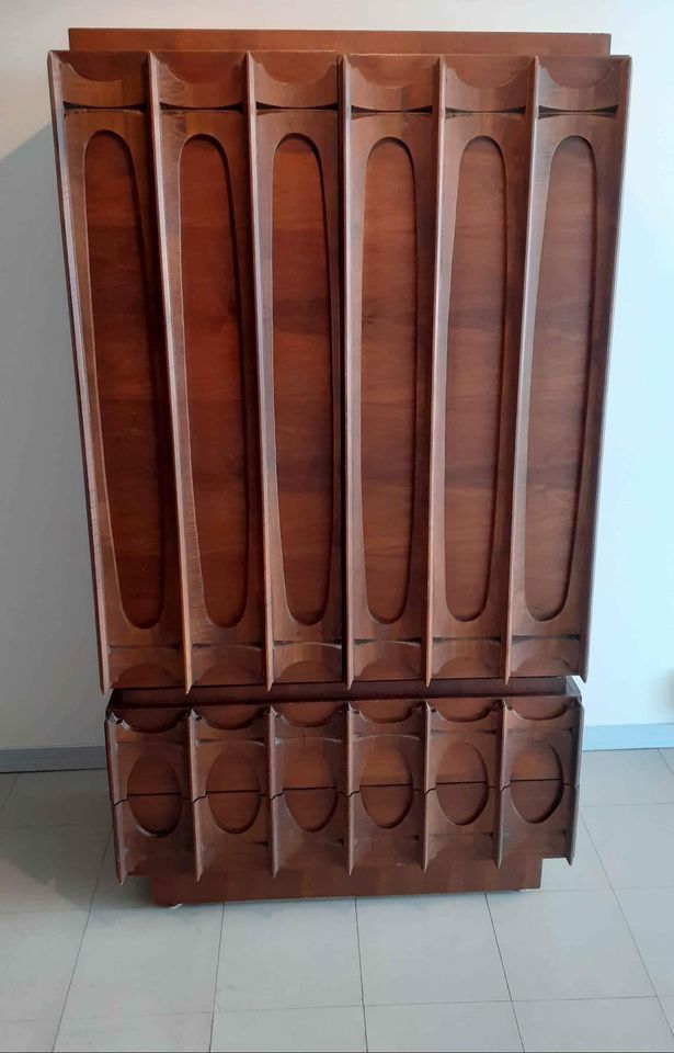 RESTORED Rare MCM Walnut Mirrored Brutalist Armoire High Credenza