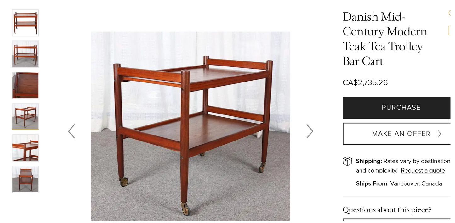 REFINISHED Danish Mid Century Modern Teak Bar Cart, Perfect
