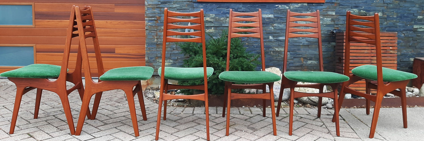 6 REFINISHED Danish MCM Teak Chairs by Niels Moller REUPHOLSTERED in green wool mohair