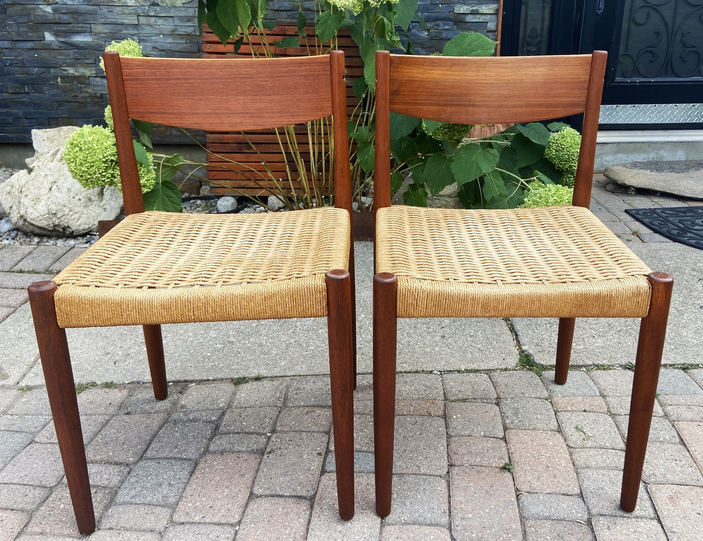 2 REFINISHED Danish MCM Teak & Papercord Chairs by P. Volther for Frem Rojle
