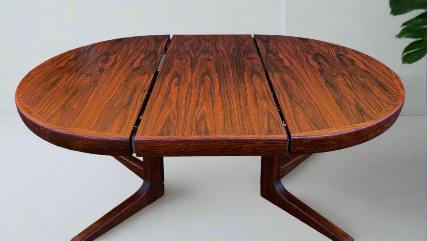 REFINISHED Danish Mid Century Modern Rosewood Table Round w 1 Leaf, 47"-66.5"