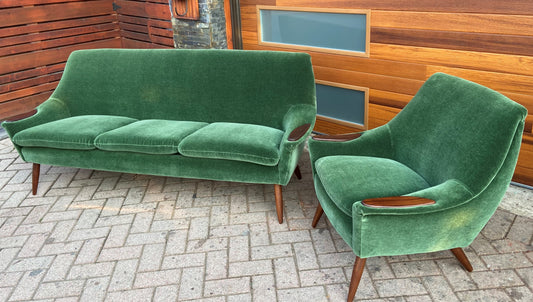 REFINISHED REUPHOLSTERED in wool mohair Danish MCM Teak Sofa & Lounge Chair, PERFECT