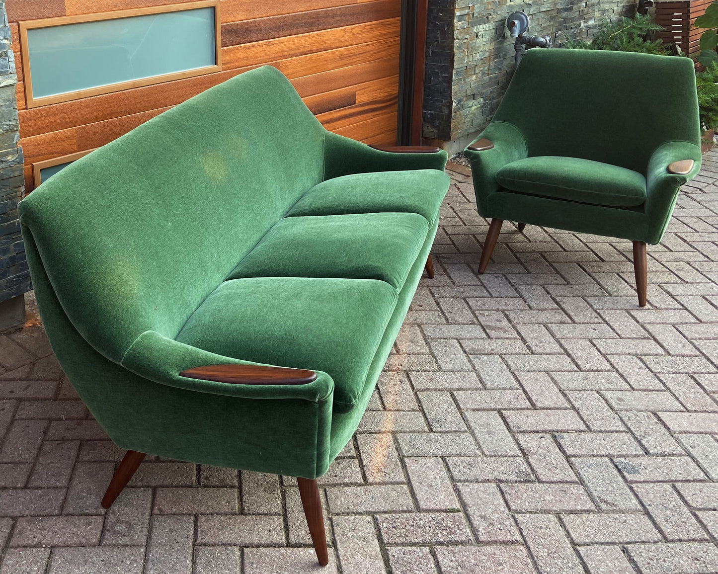 REFINISHED REUPHOLSTERED in wool mohair Danish MCM Teak Sofa & Lounge Chair, PERFECT