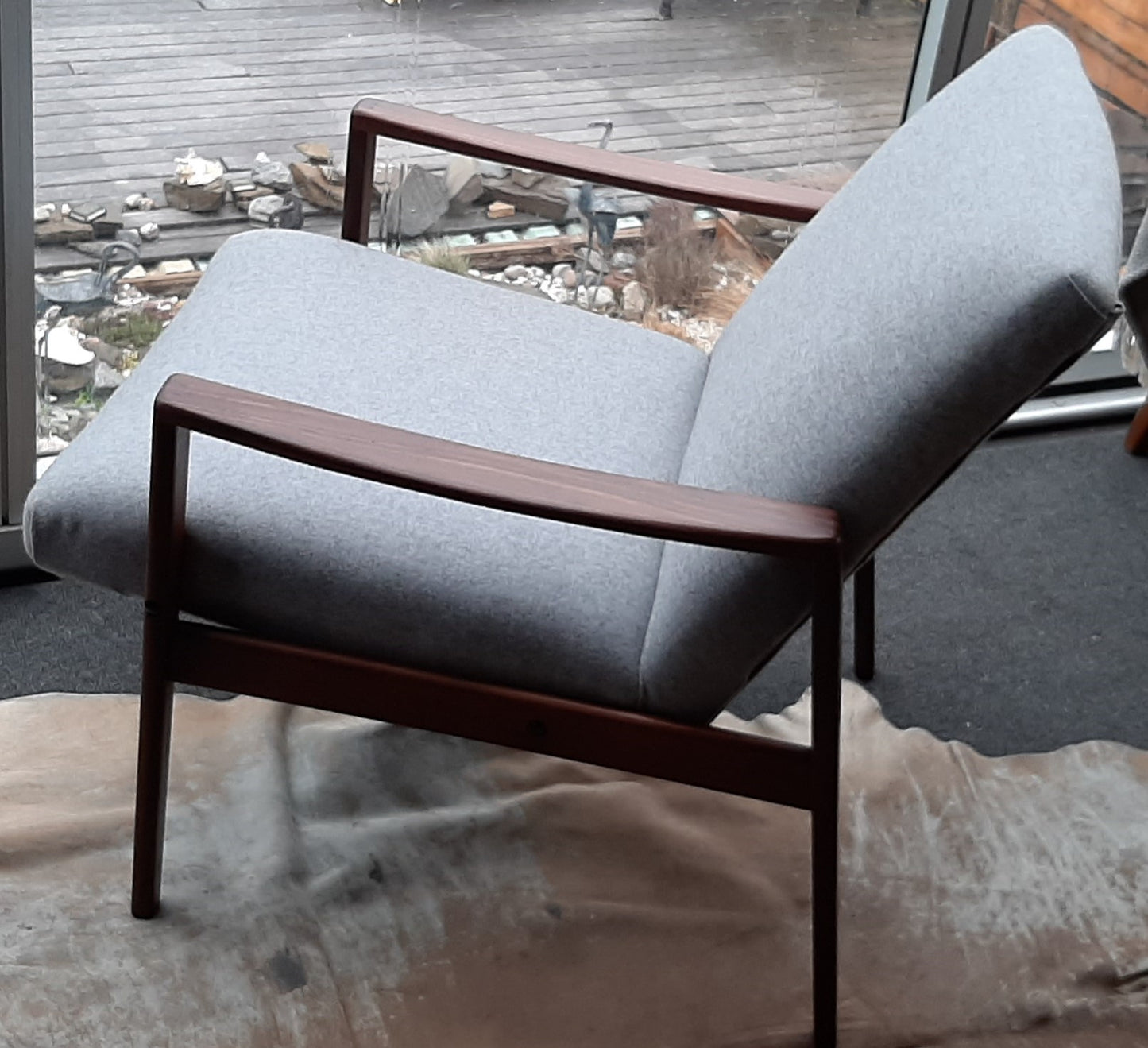REFINISHED REUPHOLSTERED Danish MCM Teak Lounge Armchair in soft grey wool, PERFECT - Mid Century Modern Toronto