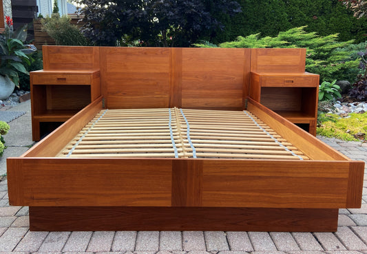 REFINISHED Danish Mid Century Modern Teak Bed Queen w Nightstands by E.Jakobsen SKIVE