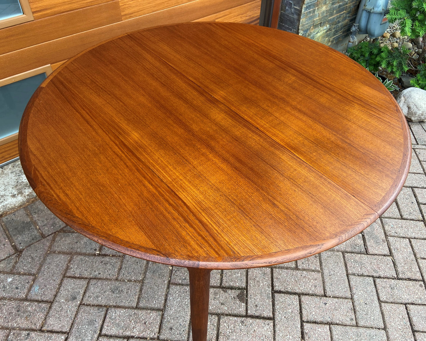 REFINISHED Danish MCM Teak Table Round w 2 leaves by C.J. Rosengaarden 47"-86.5"