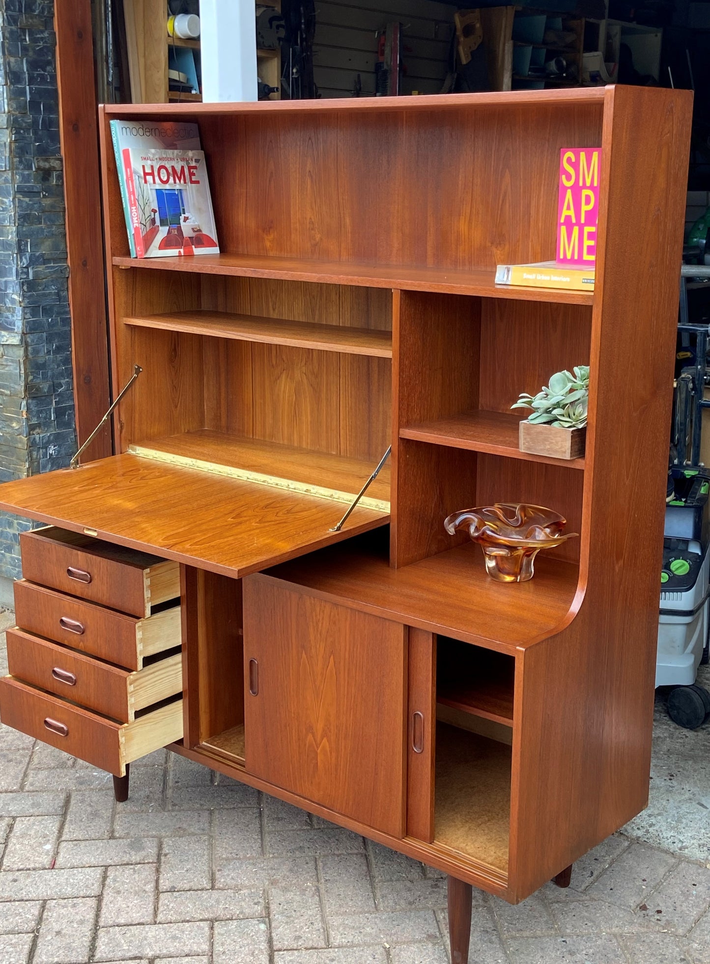 REFINISHED Danish Mid Century Modern teak highboard 48.75", compact