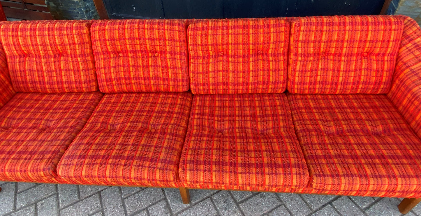 REFINISHED Danish MCM Teak Sofa 4-Seater and Lounge Chair in orange wool fabric