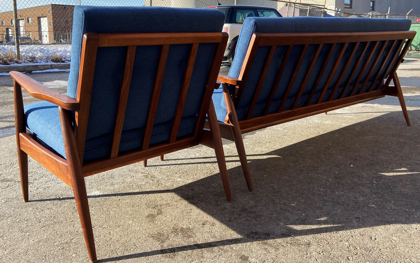REFINISHED Danish MCM 3-Seater Sofa & Lounge Chair, w NEW CUSHIONS in navy Maharam