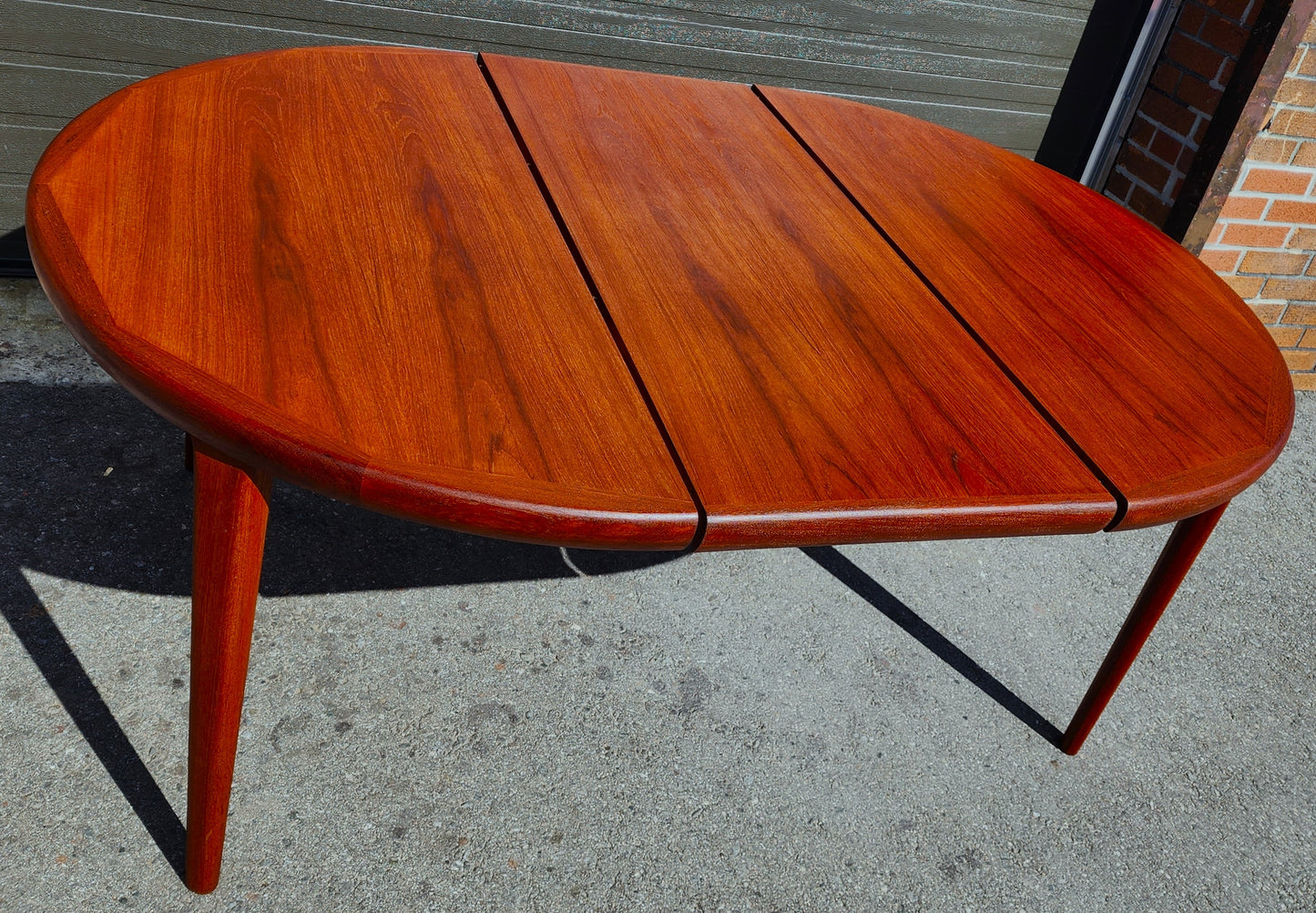 REFINISHED Danish Mid Century Modern Teak Table Round to Oval 47"- 66.5" by Spottrup