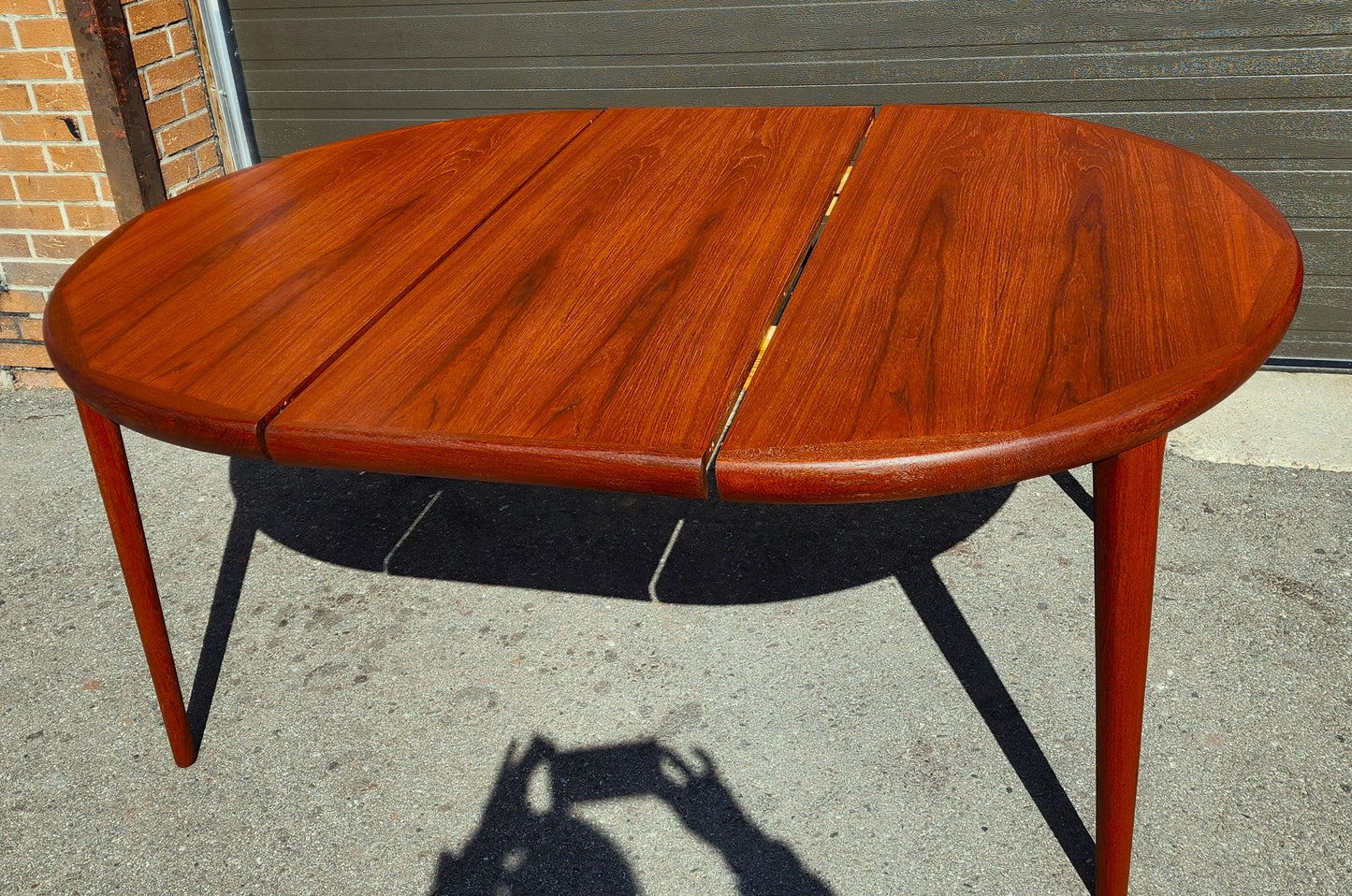 REFINISHED Danish Mid Century Modern Teak Table Round to Oval 47"- 66.5" by Spottrup