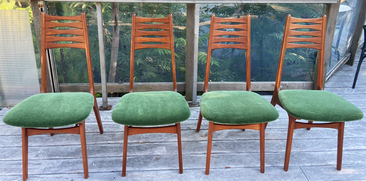 4 REFINISHED REUPHOLSTERED Danish MCM Teak Chairs, wool mohair seats