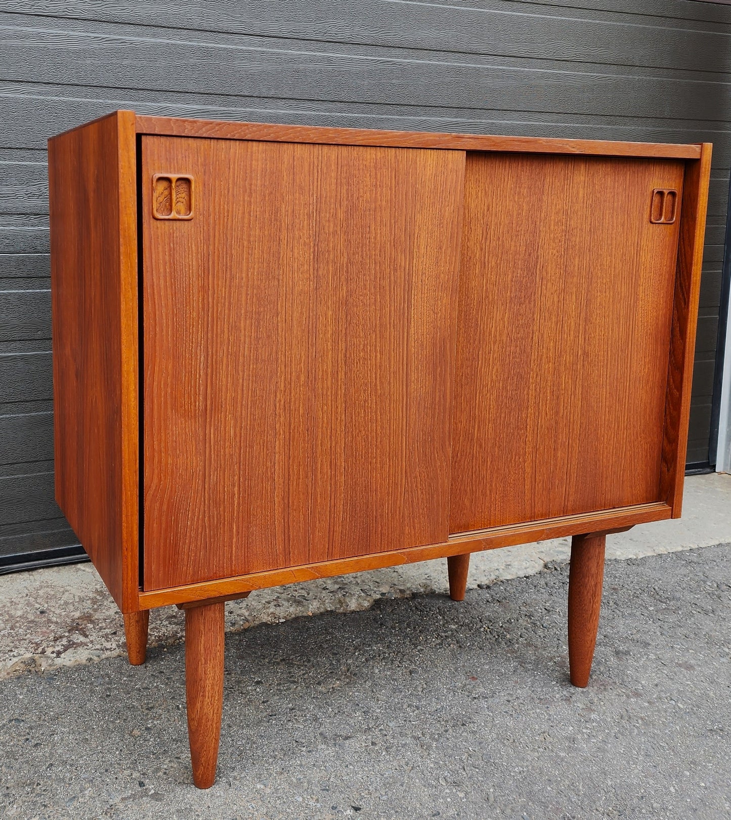 REFINISHED Danish Mid Century Modern Teak Cabinet w Sliding Doors 34"