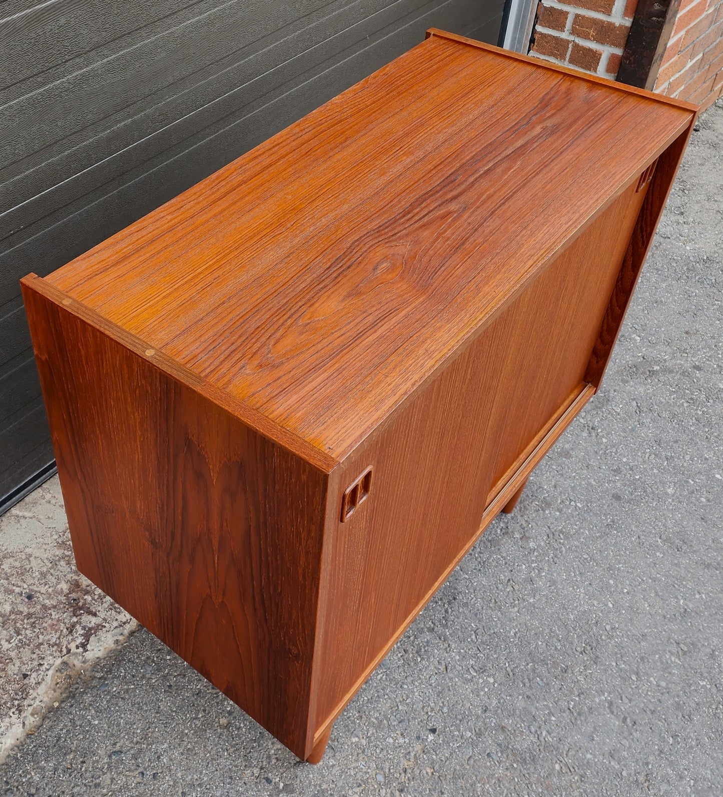 REFINISHED Danish Mid Century Modern Teak Cabinet w Sliding Doors 34"