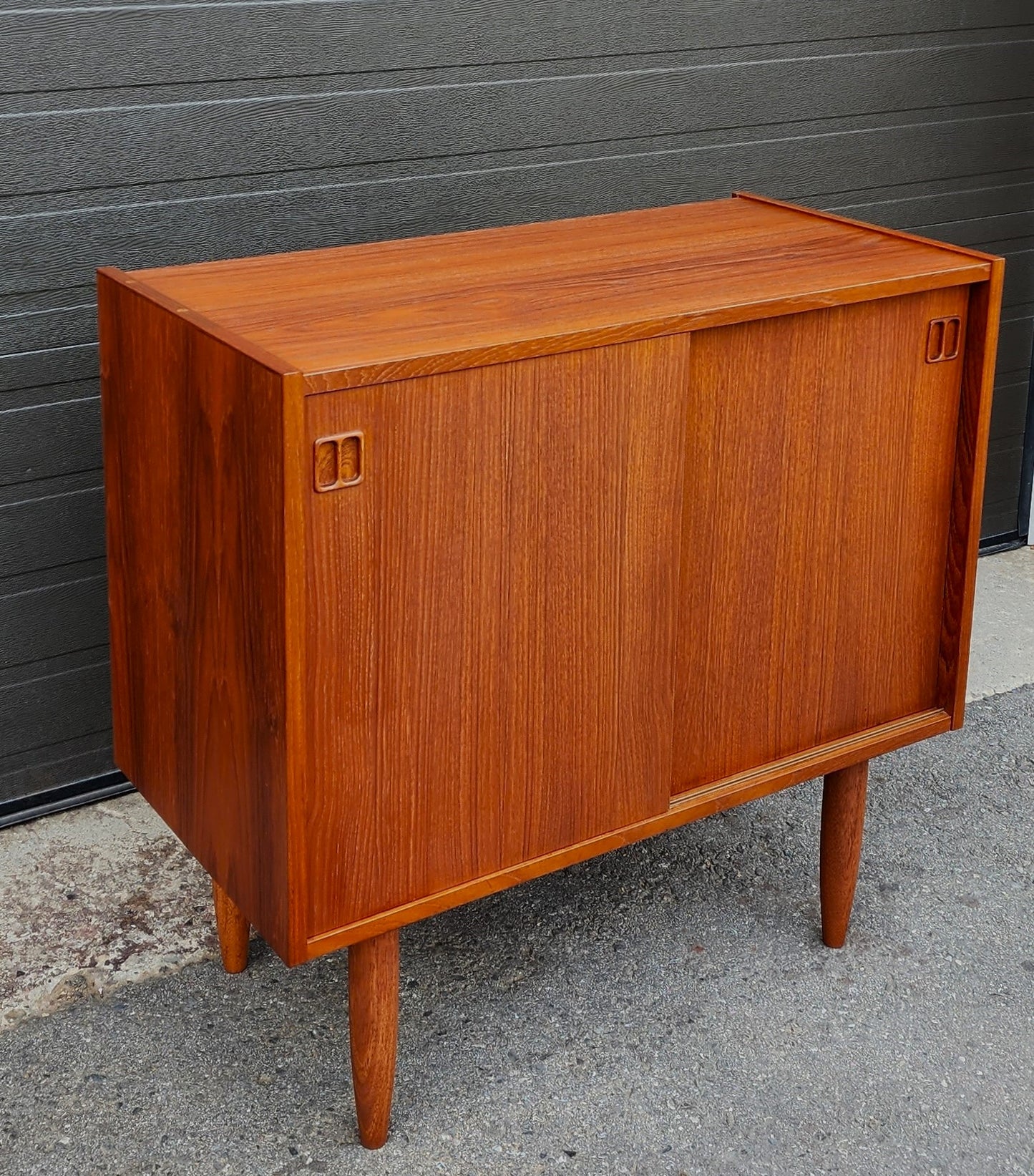 REFINISHED Danish Mid Century Modern Teak Cabinet w Sliding Doors 34"