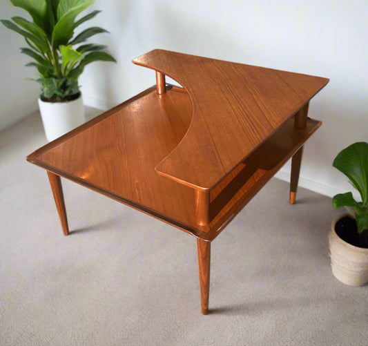 REFINISHED Danish MCM Teak Corner Two-Tier Table by Brande Mobelfabrik, 2 available