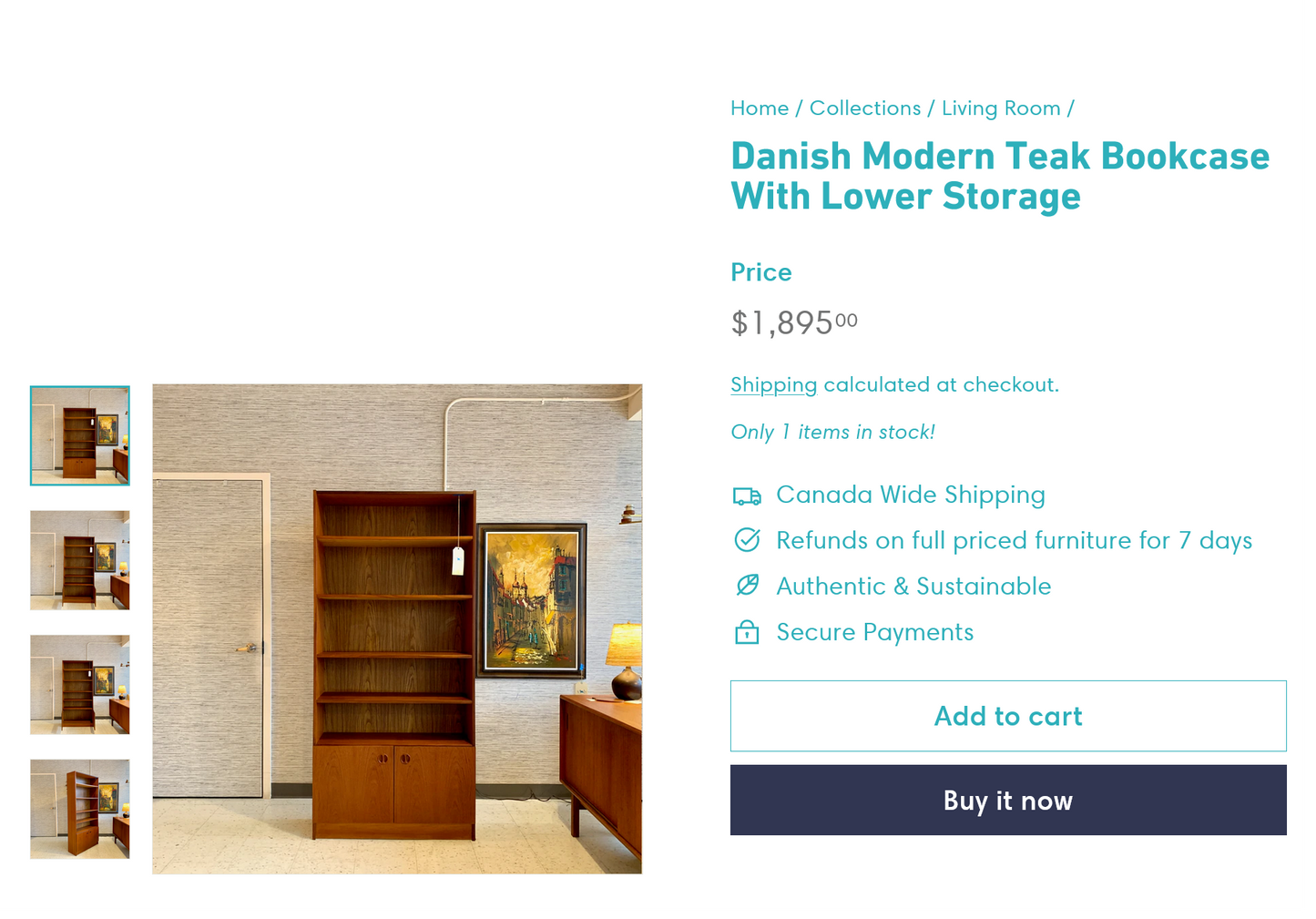 REFINISHED Mid Century Modern Teak Shelving Unit, made in Finland