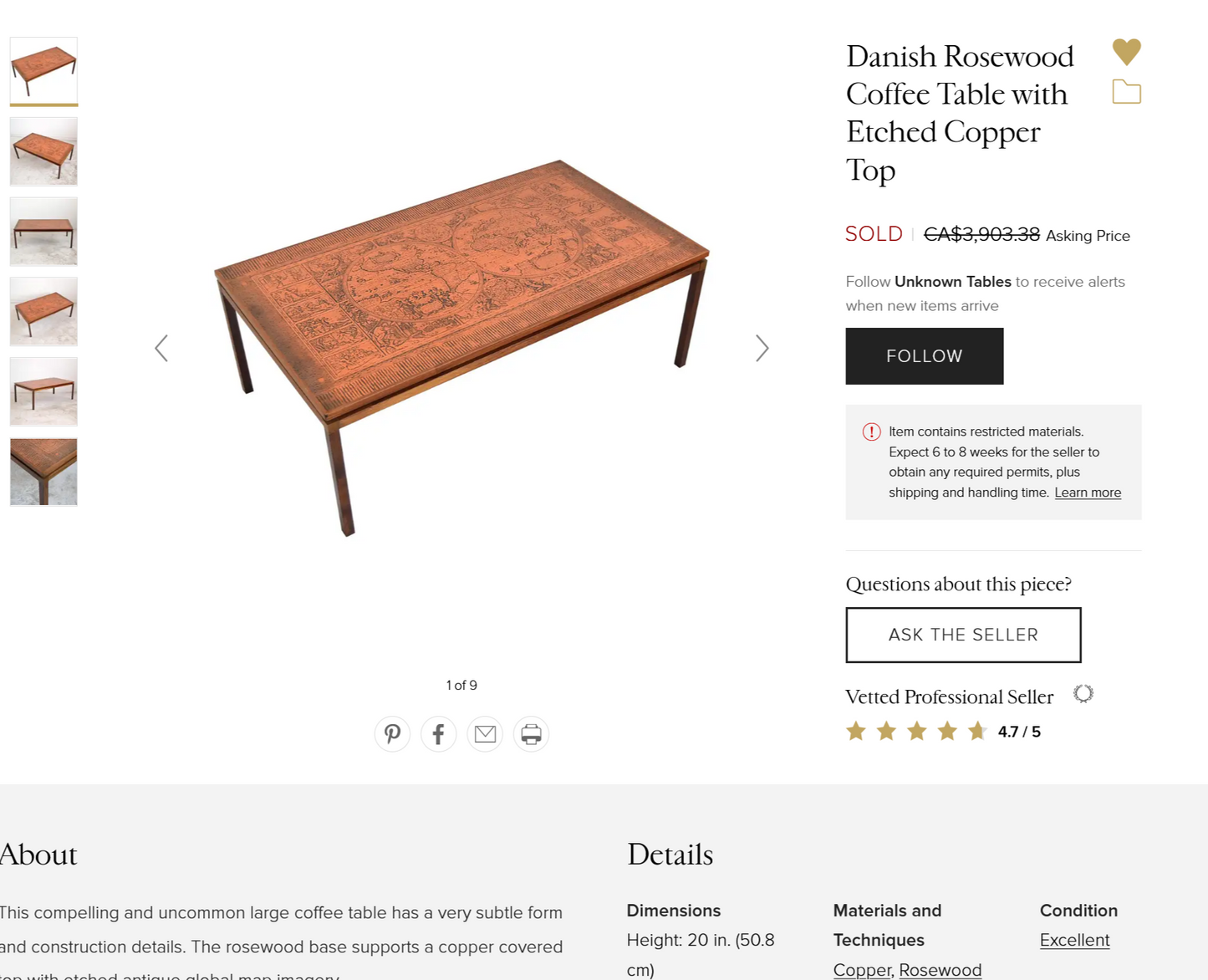 REFINISHED MCM Rosewood Draw Leaf Table with copper inlay 60"-100" large