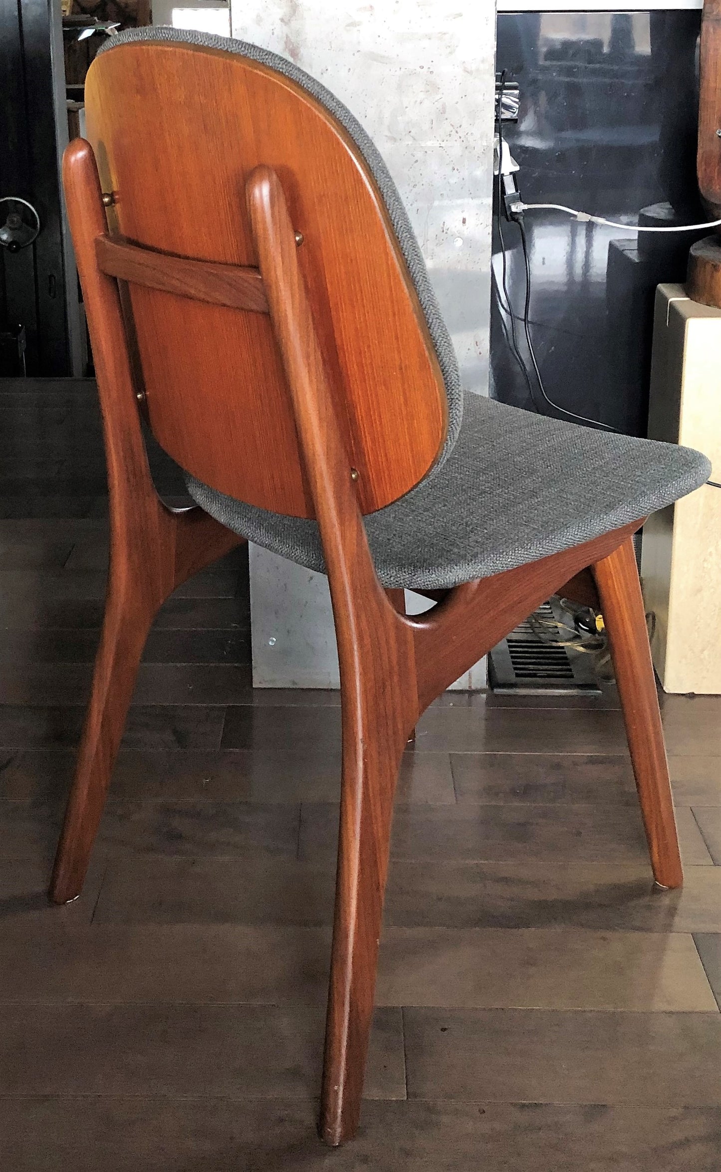 4 RESTORED REUPHOLSTERED Danish MCM Teak Shield Back Chairs by Arne Hovmand-Olsen, grey, each $375 - Mid Century Modern Toronto