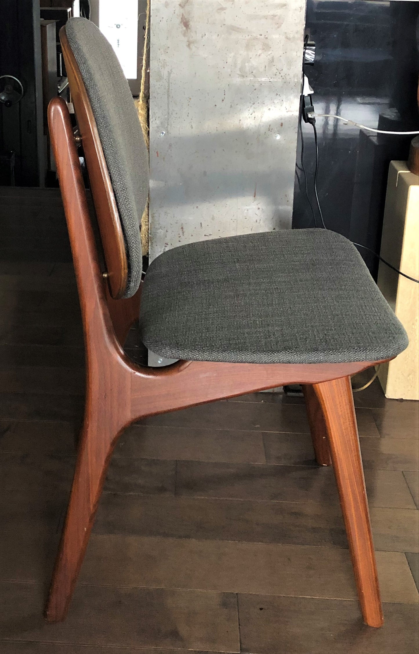 2 RESTORED REUPHOLSTERED Danish MCM Teak Shield Back Chairs by Arne Hovmand-Olsen, grey, each $375 - Mid Century Modern Toronto