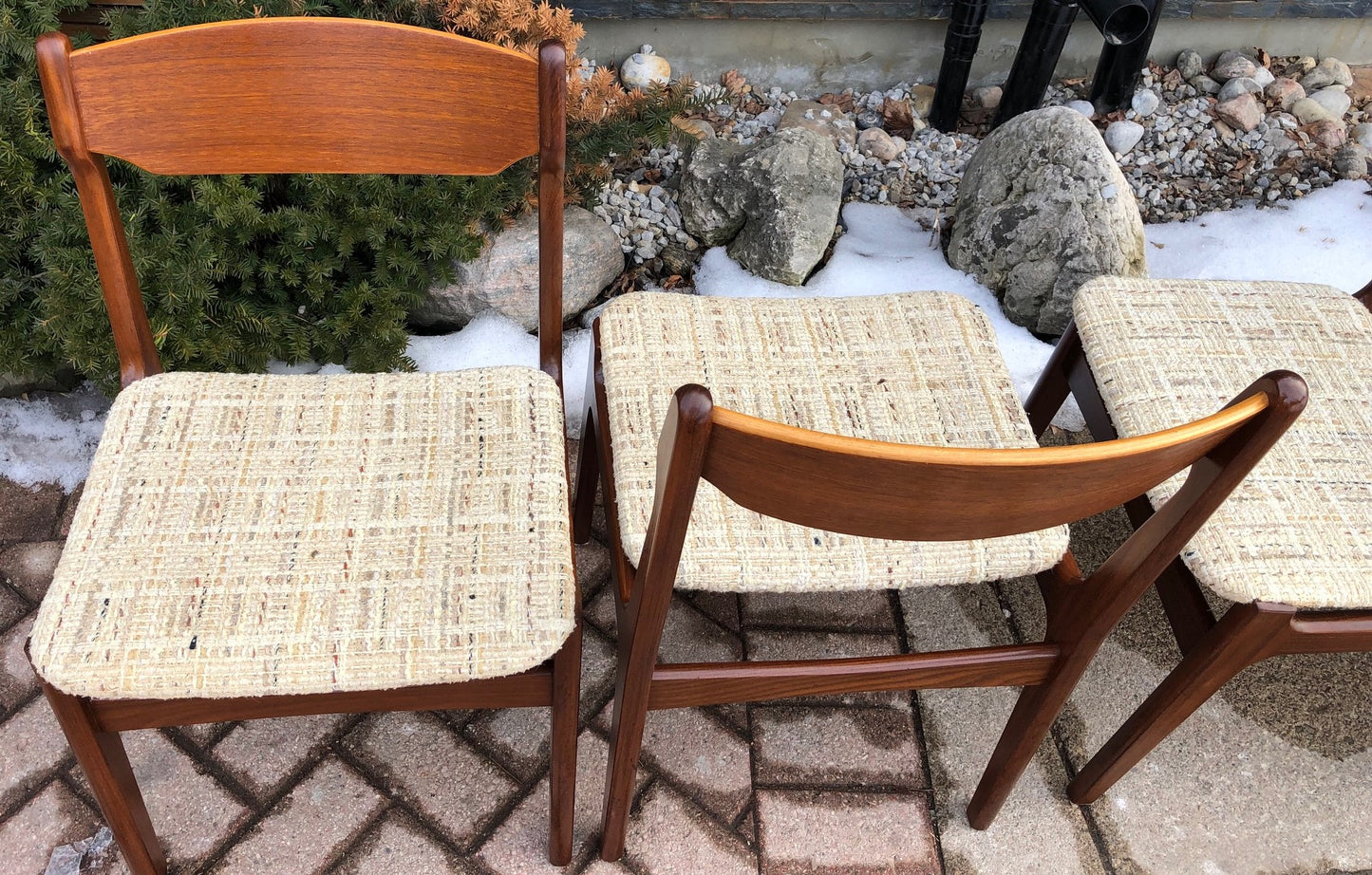 4 Danish MCM Teak Chairs with floating seats will be custom REUPHOLSTERED - Mid Century Modern Toronto